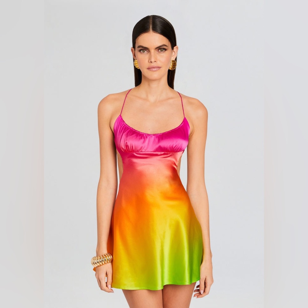 Retrofete One-Shoulder Ombre Satin Mini Dress in Pink-Orange-Green - Picture 2 of 12